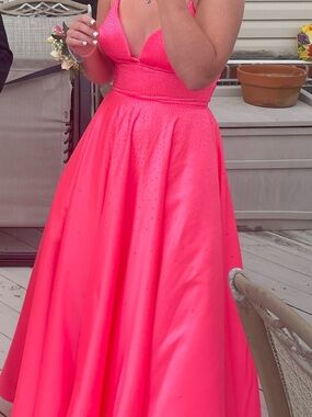 Amara style number 87343 Hot Pink Sparkle Prom Dress with V-Neck Bodice